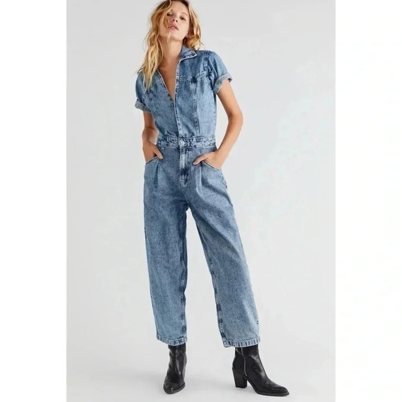 Free People We The Free Marla Trouser Denim Jumpsuit Jean One Piece Blue One Pie - Picture 1 of 14